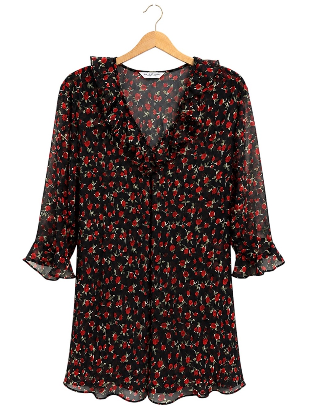Bali Studio Rose Print Sheer Mini Dress Black Red Ruffle Y2K Whimsigoth Small